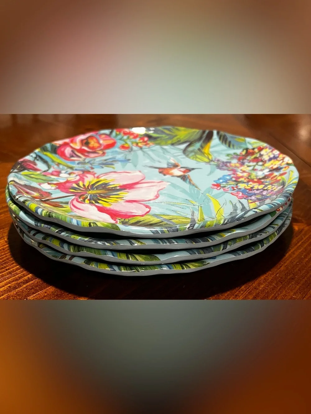 Pier 1 Exclusive Melamine Tropical Hummingbird Floral Plates 8.5 Inch Set of 4